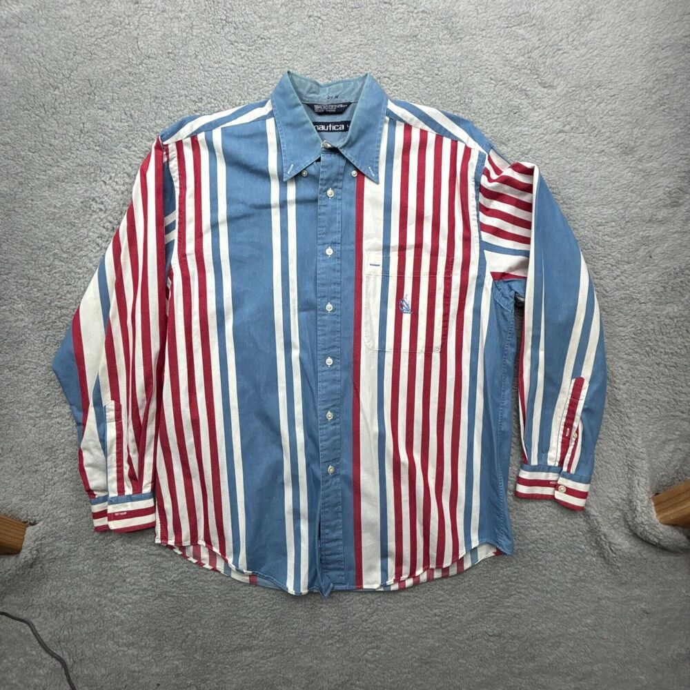 Nautica Shirt Mens L Red White Blue Striped Embroidered Logo Long Sleeve